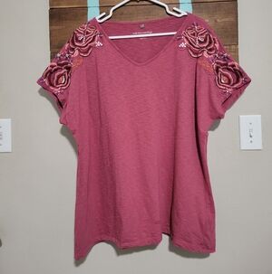 Soft Surroundings Rose Short Sleeve Beaded Embroidered Detailed Top Size 1X